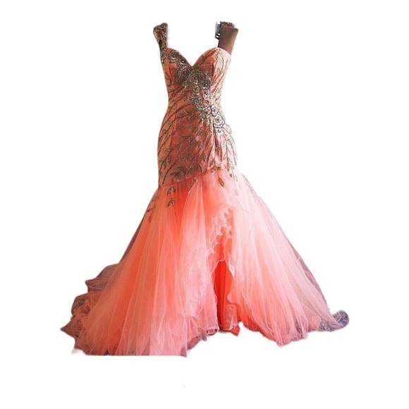 NWT SHERRI HILL One Shoulder Embellished Mermaid Tulle Gown Pastel Orange Size 6 - Picture 5 of 12